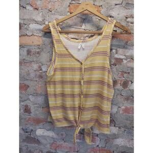 Mudd Womens Tank Top XXL Yellow Striped Button Front Tie Front Waffle Knit